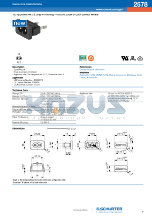 2578 datasheet - IEC Appliance Inlet C8, Snap-in Mounting, Front Side, Solder or Quick-connect Terminal