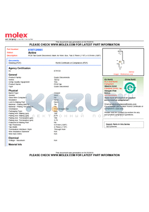 197124001 datasheet - PCB Tab Quick Disconnect, Male, for Wire, Box, Tab 2.79mm (.110