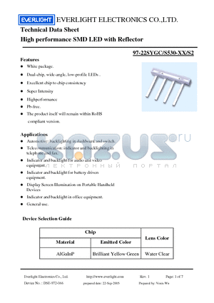 97-22SYGC datasheet - High performance SMD LED with Reflector