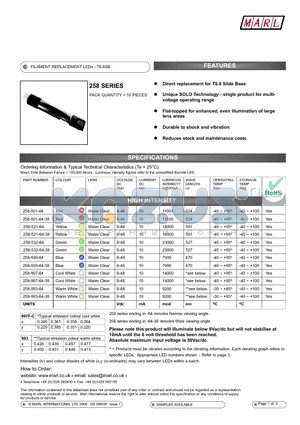 258-501-64 datasheet - FILAMENT REPLACEMENT LEDs - T6.8SB