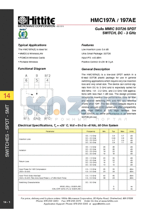 197AE datasheet - GaAs MMIC SOT26 SPDT SWTCH, DC-3GHz
