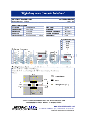 2593BP44B186 datasheet - 2.6 GHz Band Pass Filter