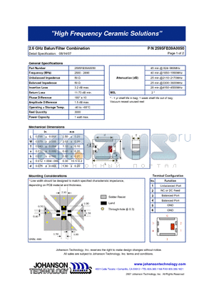 2595FB39A0050 datasheet - 2.6 GHz Balun/Filter Combination