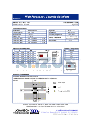 2598BP39A0205 datasheet - 2.6 GHz Band Pass Filter