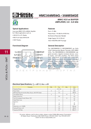 358MS8GE datasheet - MMIC VCO w/ BUFFER AMPLIFIER, 5.8 - 6.8 GHz