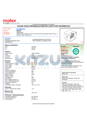 1991-12P2 datasheet - 2.36mm (.093) Diameter, .093 Pin and Socket Plug Housing with Positive Latch, 12 Circuits, 3 Rows, Panel Mount