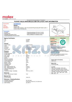 1991-3P1 datasheet - 2.36mm (.093) Diameter, .093 Pin and Socket Plug Housing with Positive Latch, 3 Circuits, Without Mounting Ears