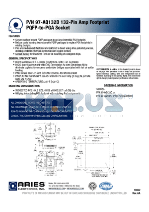 97-AQ132D datasheet - 132-Pin Amp Footprint PQFP-to-PGA Socket
