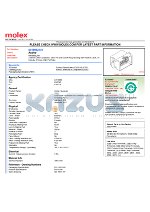 1991-15P datasheet - 2.36mm (.093) Diameter, .093 Pin and Socket Plug Housing with Positive Latch, 15 Circuits, 3 Rows, With Pull Tabs