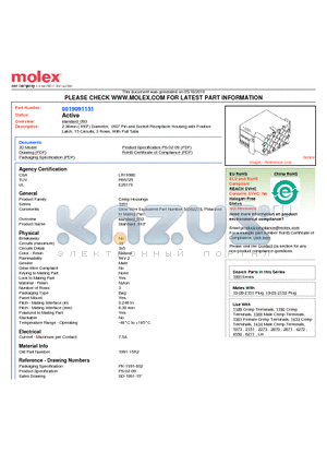 1991-15R2 datasheet - 2.36mm (.093) Diameter, .093 Pin and Socket Receptacle Housing with Positive Latch, 15 Circuits, 3 Rows, With Pull Tabs