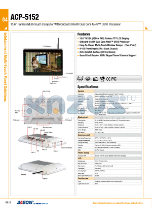 9761518200 datasheet - 15.6 Fanless Multi-Touch Computer With Onboard Intel^ Dual Core Atom D510 Processor