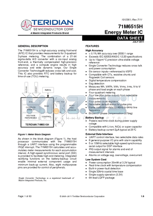 71M6515H-IGTWR1 datasheet - Up to 10ppmC precision ultra-stable voltage reference Digital temperature compensation