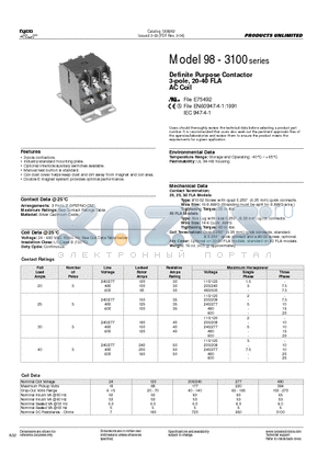 98-3100 datasheet - Definite Purpose Contactor 3-pole, 20-40 FLA AC Coil