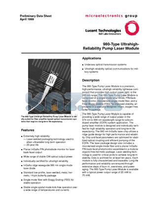 980 datasheet - 980-Type Ultrahigh- Reliability Pump Laser Module