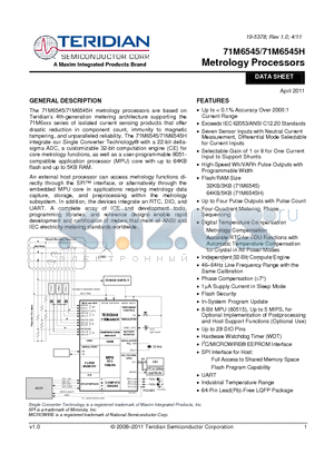 71M6545H datasheet - Four-Quadrant Metering, Phase Metrology Processors Flash/RAM Size
