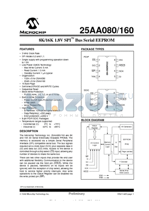 25AA160 datasheet - 8K/16K 1.8V SPI  Bus Serial EEPROM