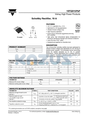 19TQ015PBF datasheet - Schottky Rectifier, 19 A