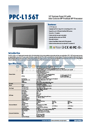 989KL15600E datasheet - 15 Fanless Panel PC with Intel Celeron M^ Pentium M^ Processor