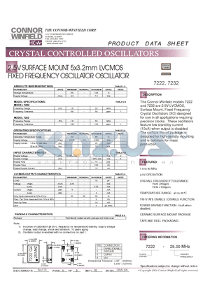 7222-25.00M datasheet - 2.5V SURFACE MOUNT 5x3.2mm LVCMOS FIXED FREQUENCY OSCILLATOR OSCILLATOR