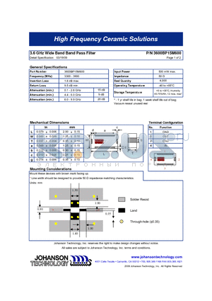 3600BP15M600_09 datasheet - 3.6 GHz Wide Band Band Pass Filter