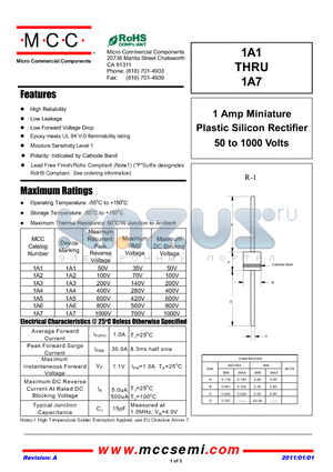 1A1 datasheet - 1 Amp Miniature Plastic Silicon Rectifier 50 to 1000 Volts