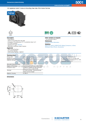 5001 datasheet - IEC Appliance Outlet F, Screw-on Mounting, Rear Side, PCB-/Solder Terminal