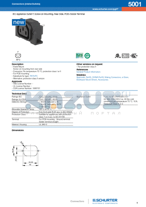 5001-H-ABC0-D-E datasheet - IEC Appliance Outlet F, Screw-on Mounting, Rear Side, PCB-/Solder Terminal
