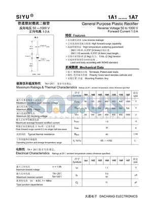 1A2 datasheet - General Purpose Plastic Rectifier Reverse Voltage 50 to 1000 V Forward Current 1.0 A