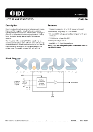 726ATLFT datasheet - 12 TO 36 MHZ 6TSOT VCXO