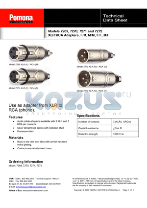 7270 datasheet - XLR/RCA Adapters, F/M, M/M, F/F, M/F