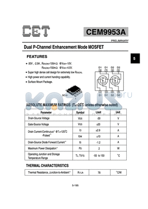 9953A datasheet - Dual P-Channel Enhancement Mode MOSFET