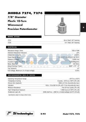 7274R10KL25 datasheet - 7/8 Diameter Plastic 10-Turn Wirewound Precision Potentiometer