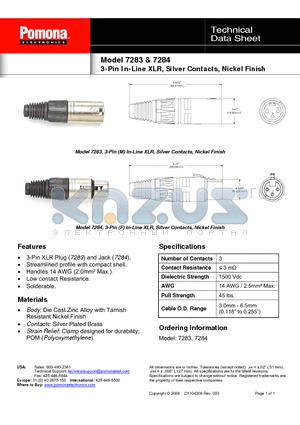 7283 datasheet - 3-Pin In-Line XLR, Silver Contacts, Nickel Finish