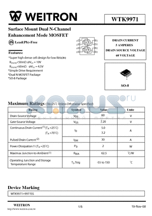 9971SS datasheet - Surface Mount Dual N-Channel Enhancement Mode MOSFET