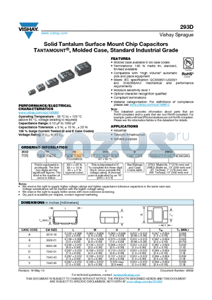 293D475004A datasheet - Solid Tantalum Surface Mount Chip Capacitors TANTAMOUNT^, Molded Case, Standard Industrial Grade