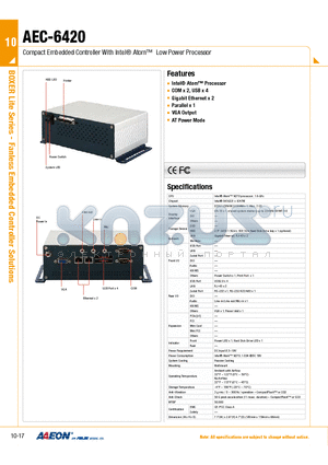 AEC-6420 datasheet - Compact Embedded Controller With Intel Atom Low Power Processor