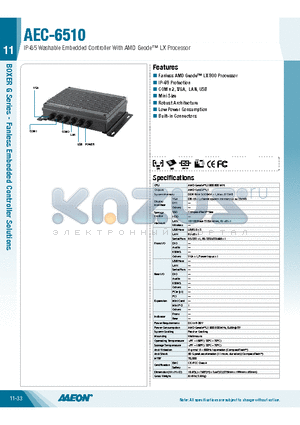 AEC-6510 datasheet - IP-65 Washable Embedded Controller With AMD Geode LX Processor