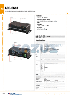 AEC-6613 datasheet - Fanless Embedded Controller With Intel NM10 Chipset