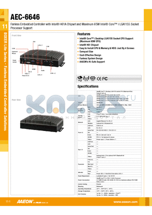 AEC-6646 datasheet - Intel^ Core i Desktop LGA1155 Socket CPU Support(Maximum 65W CPU)