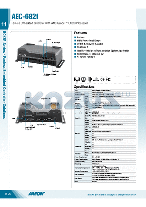 AEC-6821 datasheet - Wide Power Input Range, COM x 4, USB2.0 x 4, Audio