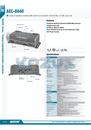 AEC-6840 datasheet - Onboard Intel^ ULV Celeron^ 400/650 MHz Processor