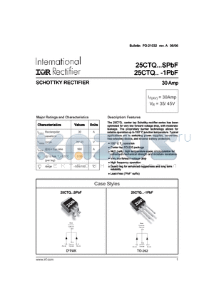 25CTQ040-1TRRPBF datasheet - SCHOTTKY RECTIFIER 30 Amp