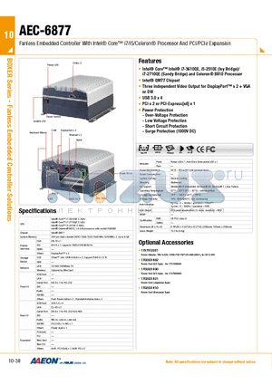 AEC-6877-A4M-1010 datasheet - Fanless Embedded Controller With Intel Core i7/i5/Celeron Processor And PCI/PCIe Expansion
