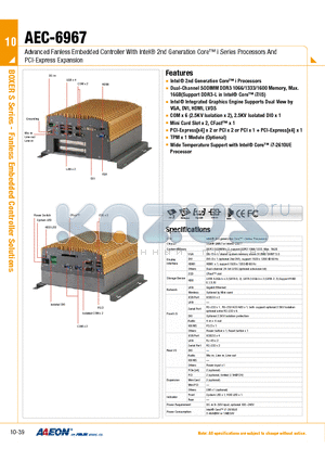 AEC-6967-A1-1010 datasheet - Advanced Fanless Embedded Controller With Intel 2nd Generation Core i Series Processors And PCI-Express Expansion