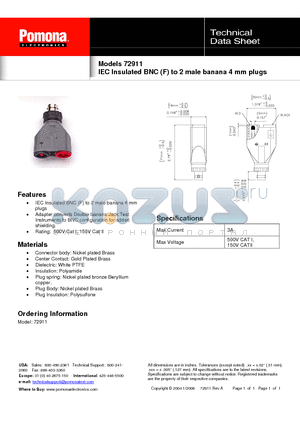 72911 datasheet - IEC Insulated BNC (F) to 2 male banana 4 mm plugs