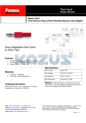 72917 datasheet - 4mm Banana Plug to 2mm Sheathed Banana Jack Adapter