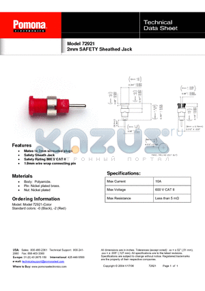 72921 datasheet - 2mm SAFETY Sheathed Jack