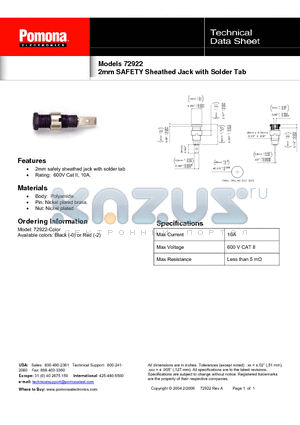 72922 datasheet - 2mm SAFETY Sheathed Jack with Solder Tab