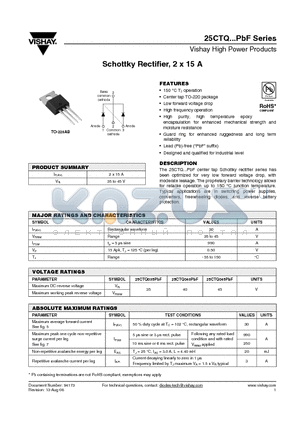 25CTQPBF datasheet - Schottky Rectifier, 2 x 15 A