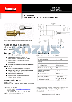 72980 datasheet - SMB STRAIGHT PLUG CRIMP, RG178, 196